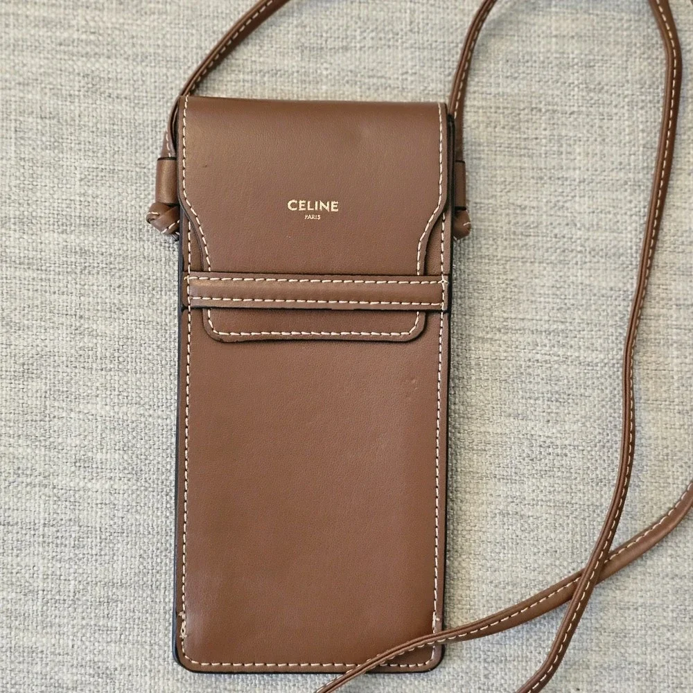 Celine Paris leather/calfskin luxury sunglass/credit card crossbody case tan